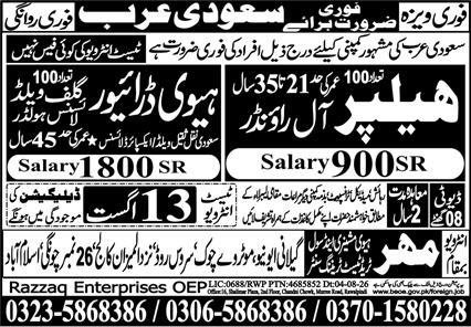 Helper Jobs vacancies in Riyadh Saudi Arabia 2026